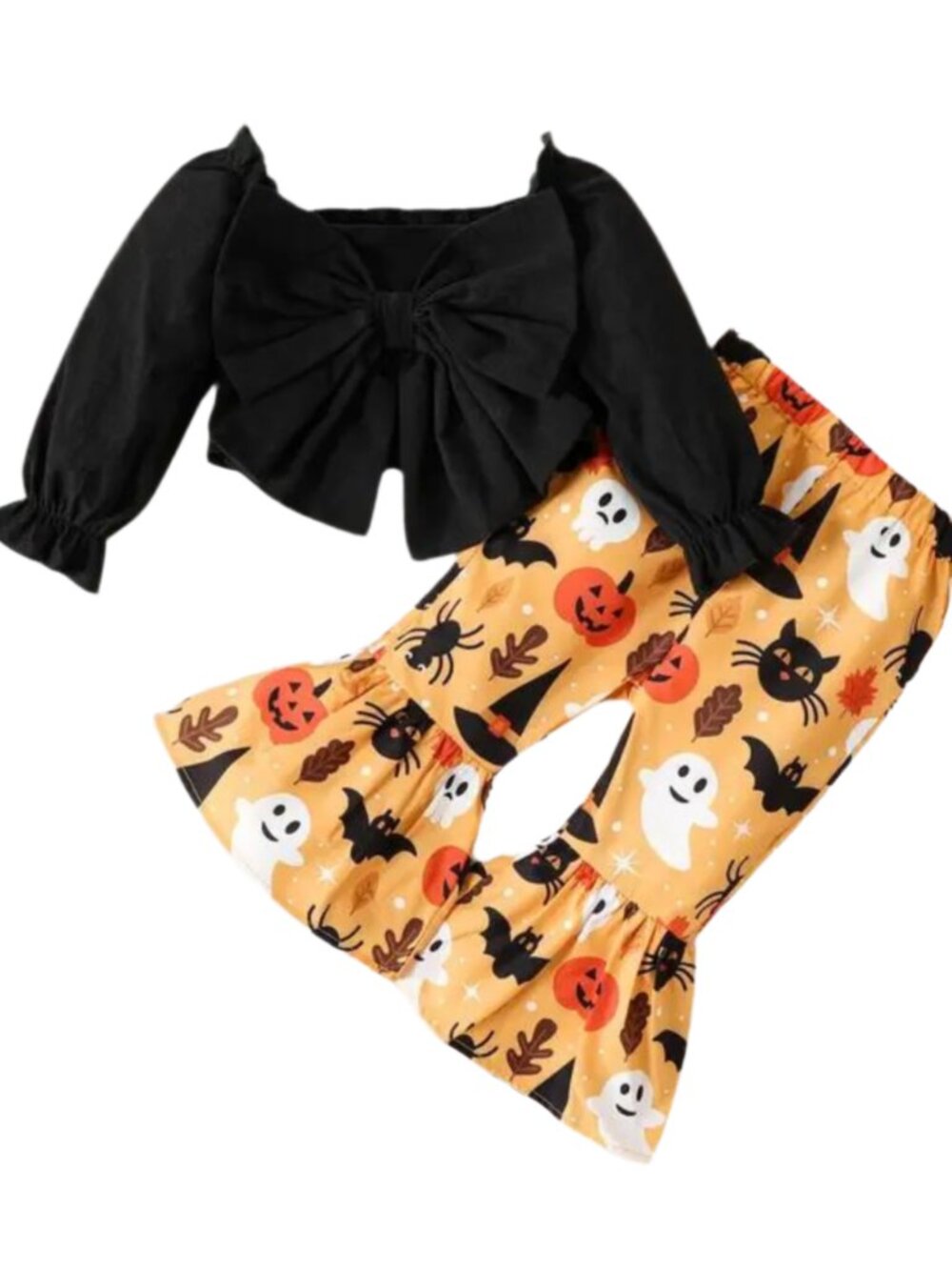 Halloween 2pcs Baby Girl Bow Front Crop Top & Flared Pants Outfit 18-24 months